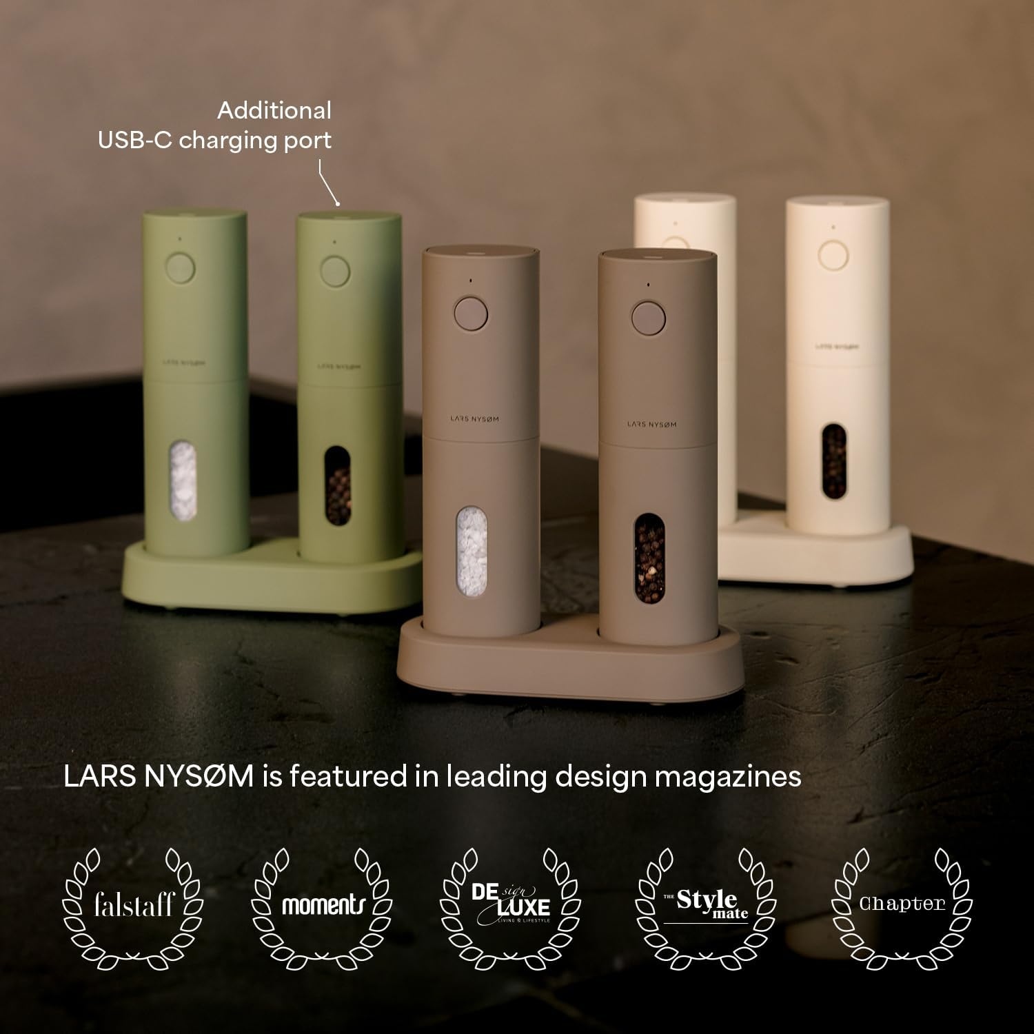 Highlights the additional USB-C charging port feature and showcases the product's design recognition in leading magazines. Builds credibility by showing the product has been featured in multiple…