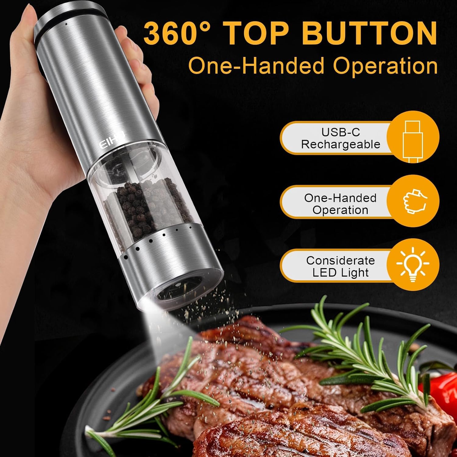 Highlights multiple convenient features of the electric pepper grinder to show its ease of use and modern design.