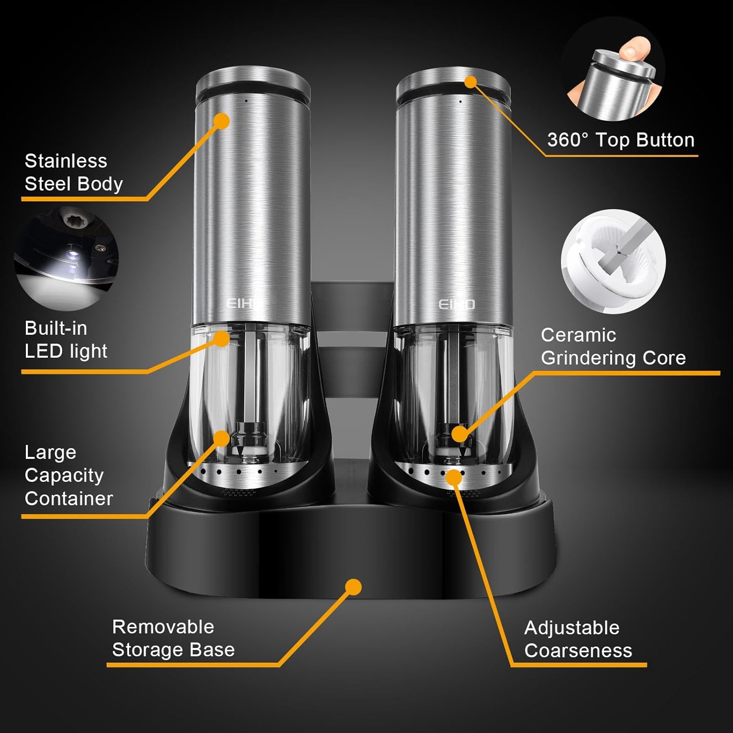 Highlights the key features and components of the electric salt and pepper grinder set, showcasing its premium materials and functionality.