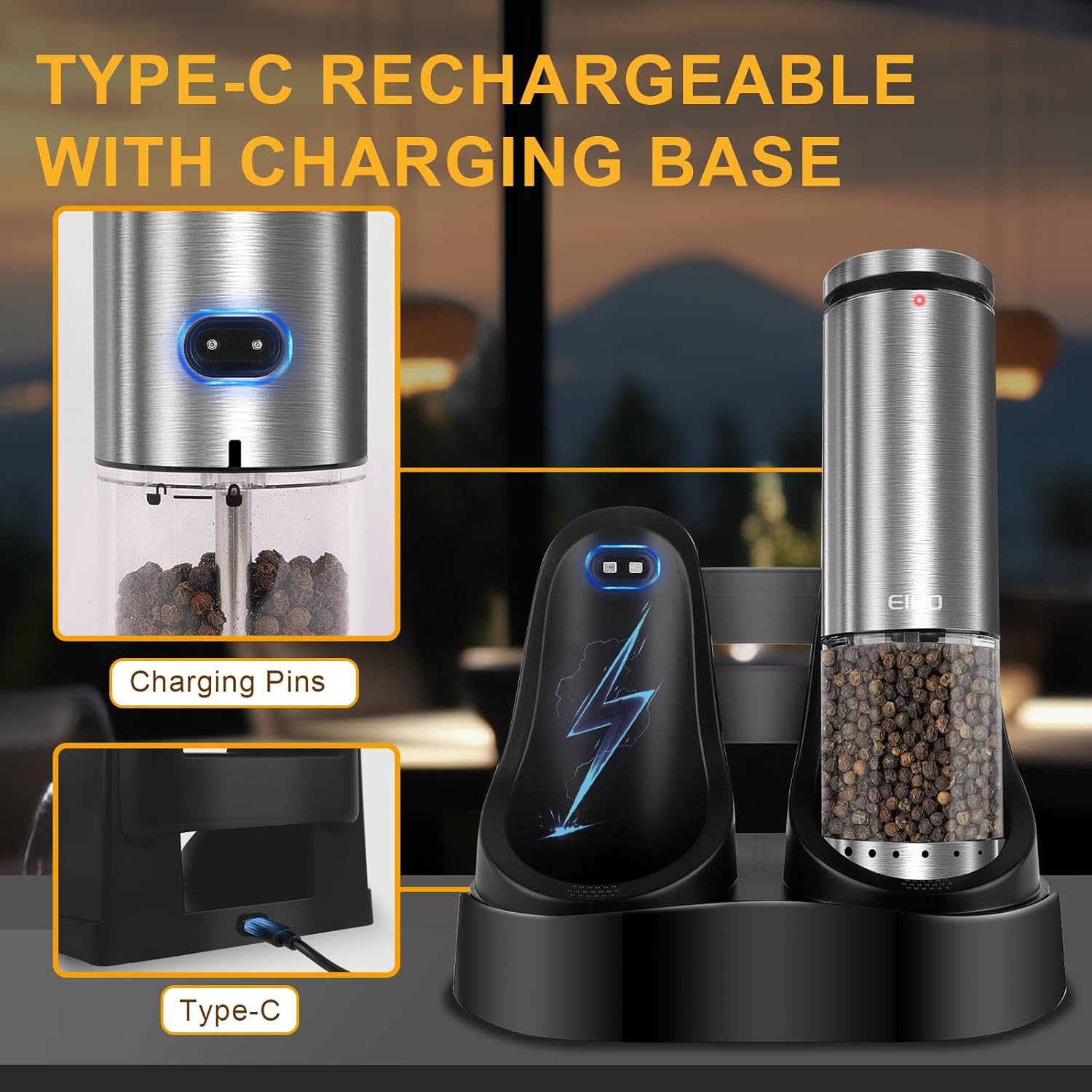 Highlights the product's rechargeable feature and convenient charging method to emphasize ease of use and modern connectivity.
