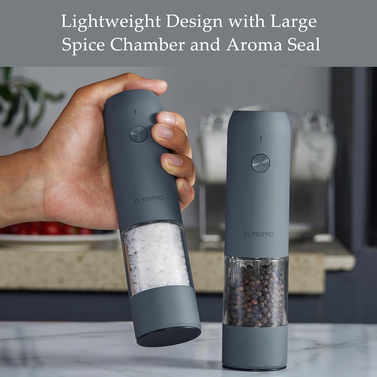 Highlights the product's lightweight construction and spacious spice chamber to appeal to customers looking for convenient, efficient kitchen tools.