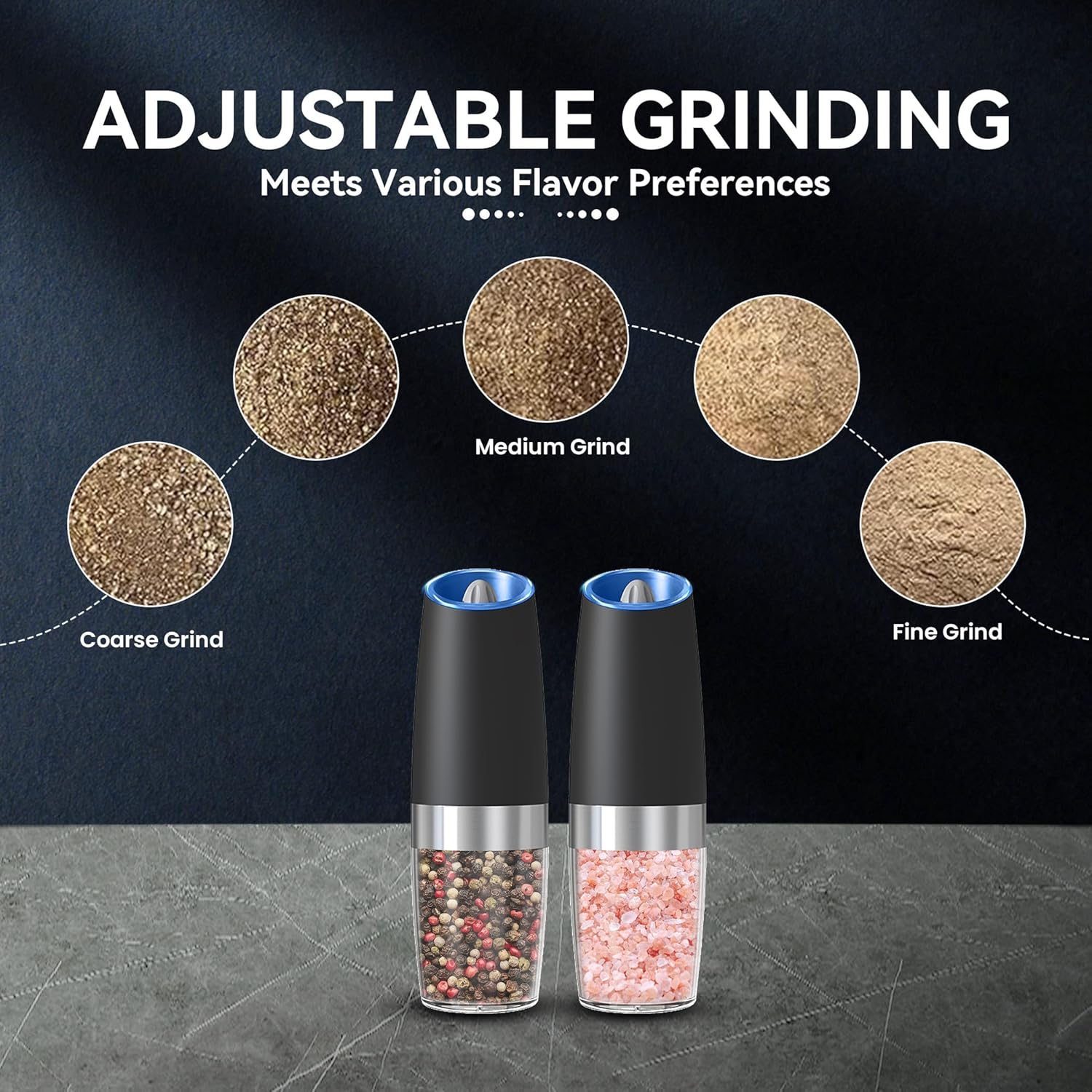 Highlights the product's ability to adjust grind size to meet various flavor preferences, demonstrating versatility and customization options.