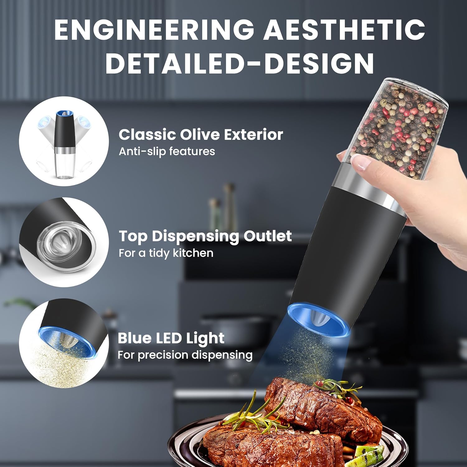 Highlights key design features of the pepper grinder to showcase its functionality and ease of use. Demonstrates multiple features of the pepper grinder to show its advanced design and functionality.