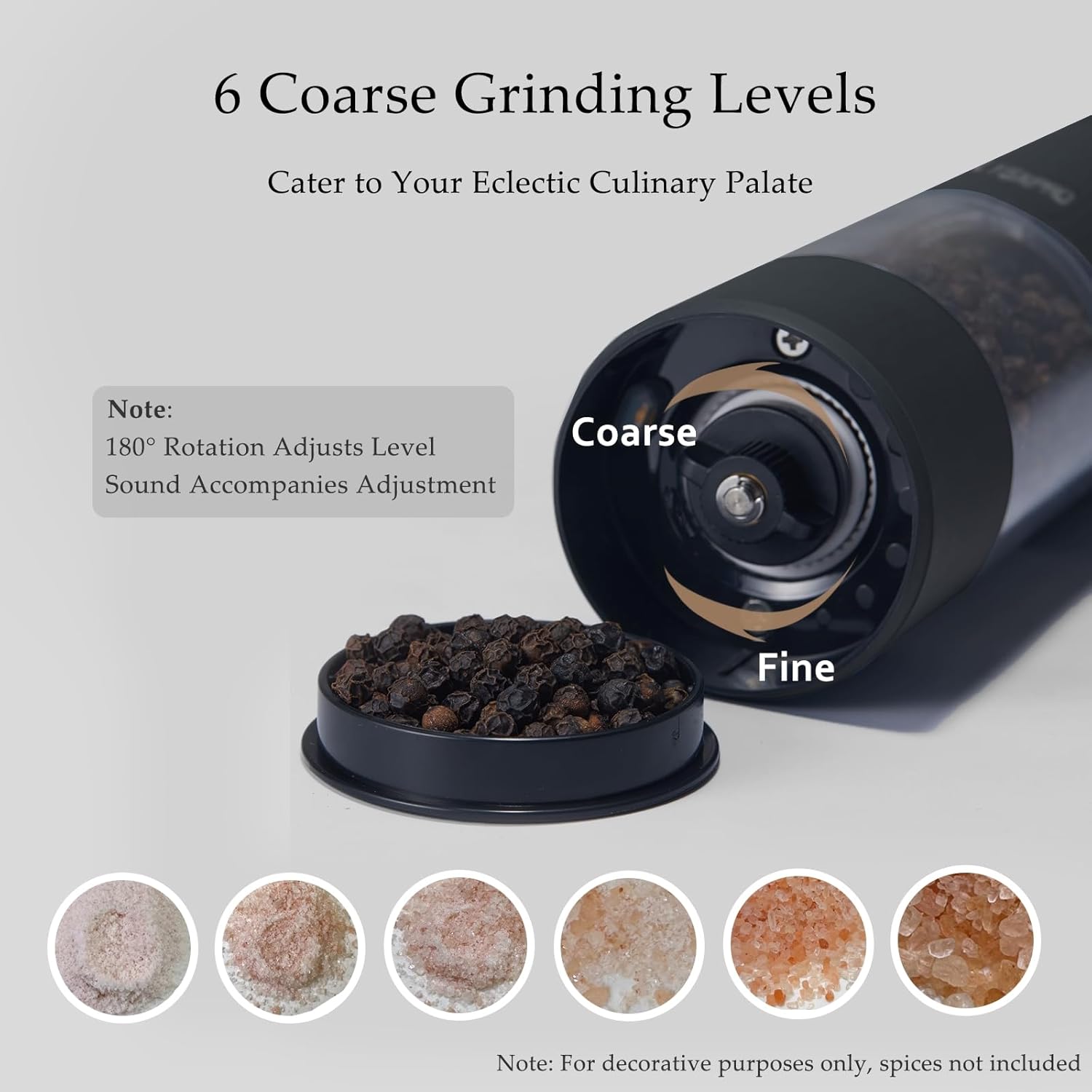Showcases the product's versatility with 6 coarse grinding levels, appealing to culinary enthusiasts who desire precise control over their spice grinding.