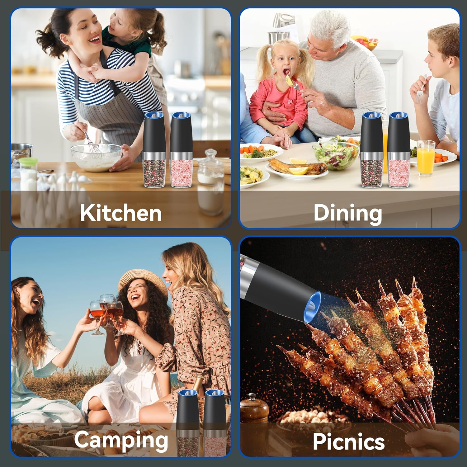 Demonstrates the product's versatility by showing its use in various settings like kitchen, dining, camping, and picnics.