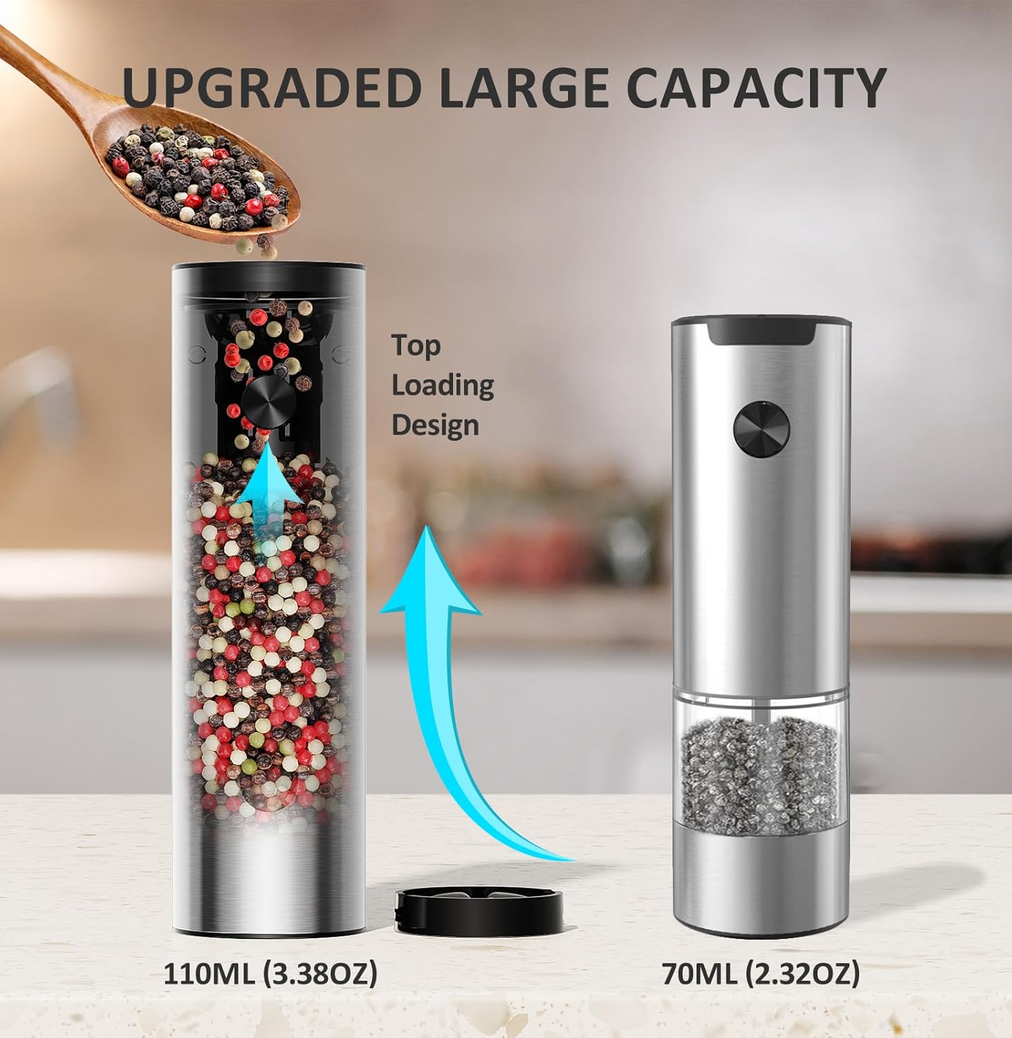 Highlights the upgraded large capacity and convenient top loading design of the spice grinder, emphasizing its improved functionality over previous models.