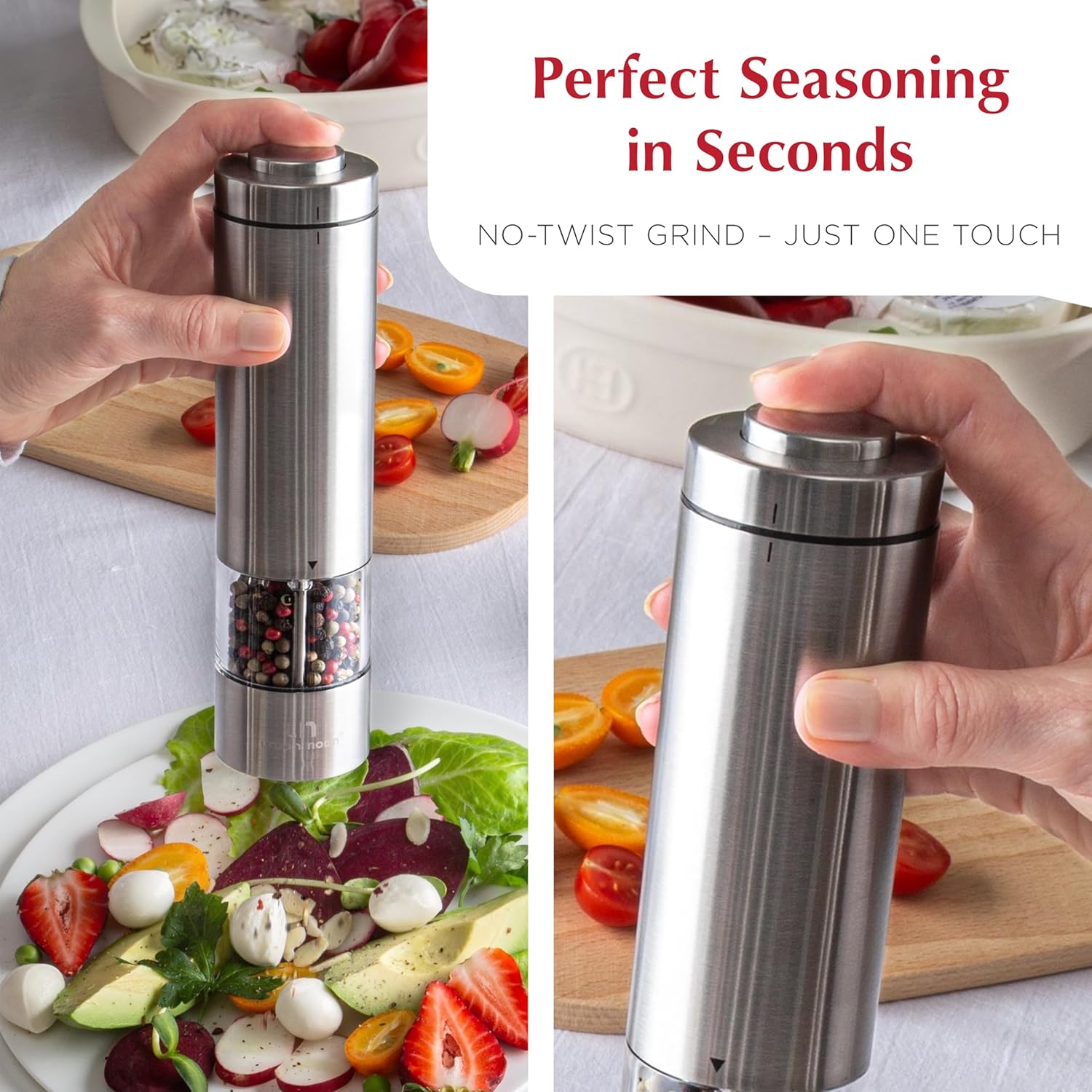 Highlights the product's ease of use with a no-twist, one-touch grinding mechanism for quick and effortless seasoning.