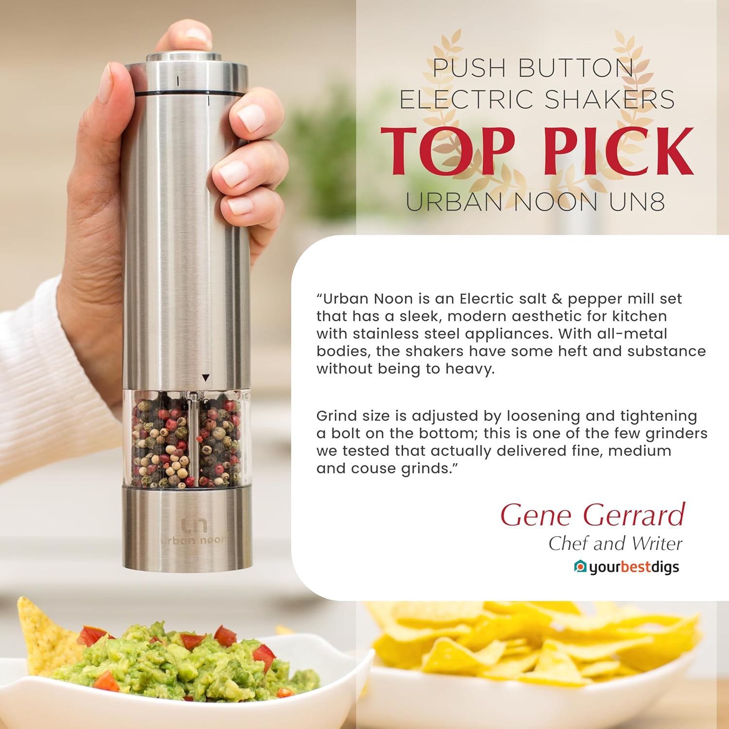 Highlights the product's electric push-button functionality, emphasizing ease of use and modern design. Provides a positive review from a chef to build credibility and trust in the product's quality…