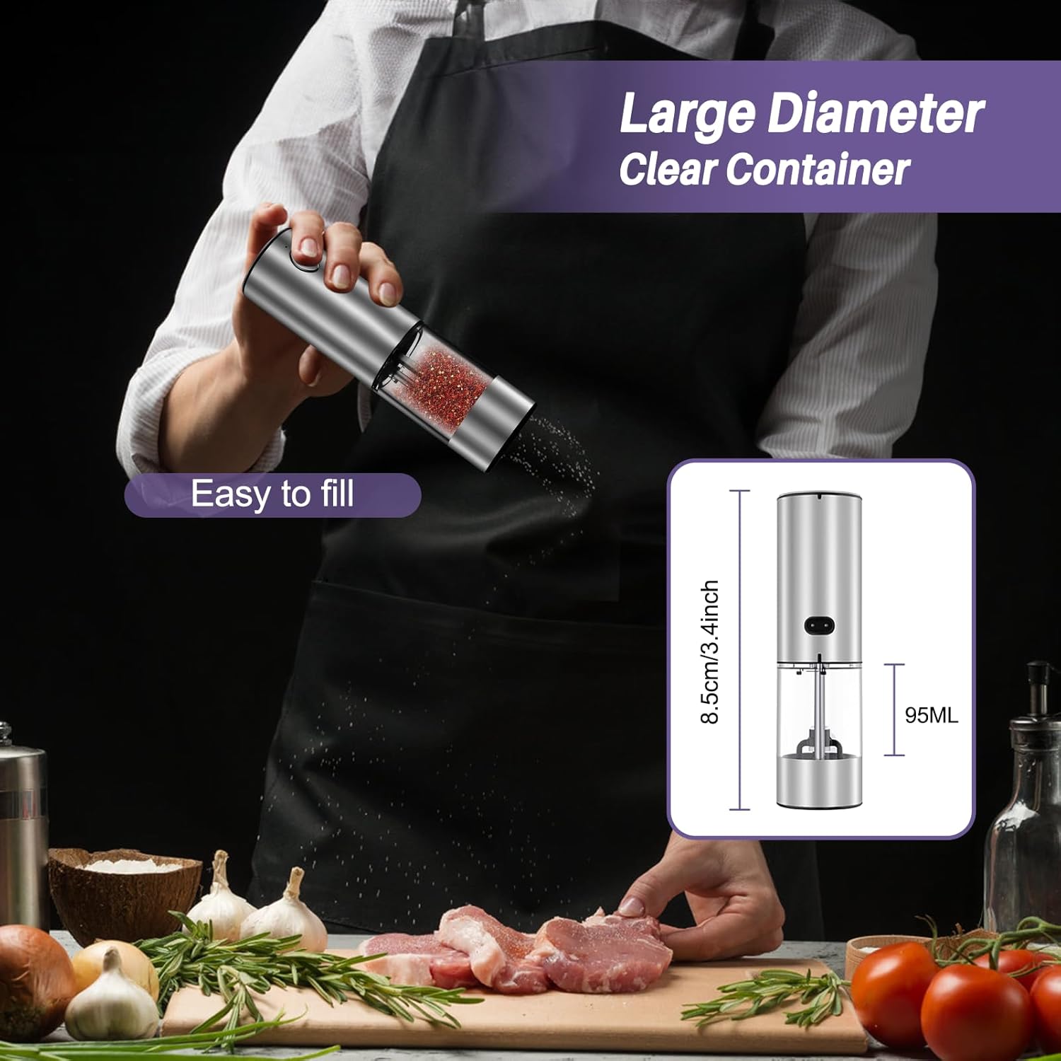 Highlights the product's large diameter clear container, emphasizing how easy it is to fill and its generous 95mL capacity.