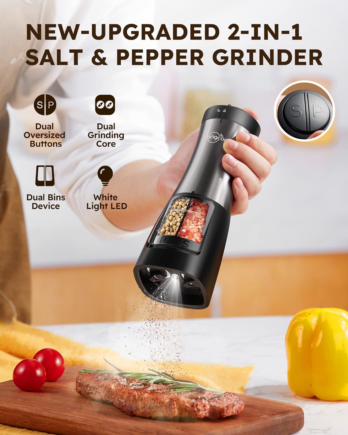 Highlights multiple features of the salt and pepper grinder to showcase its versatility and ease of use.