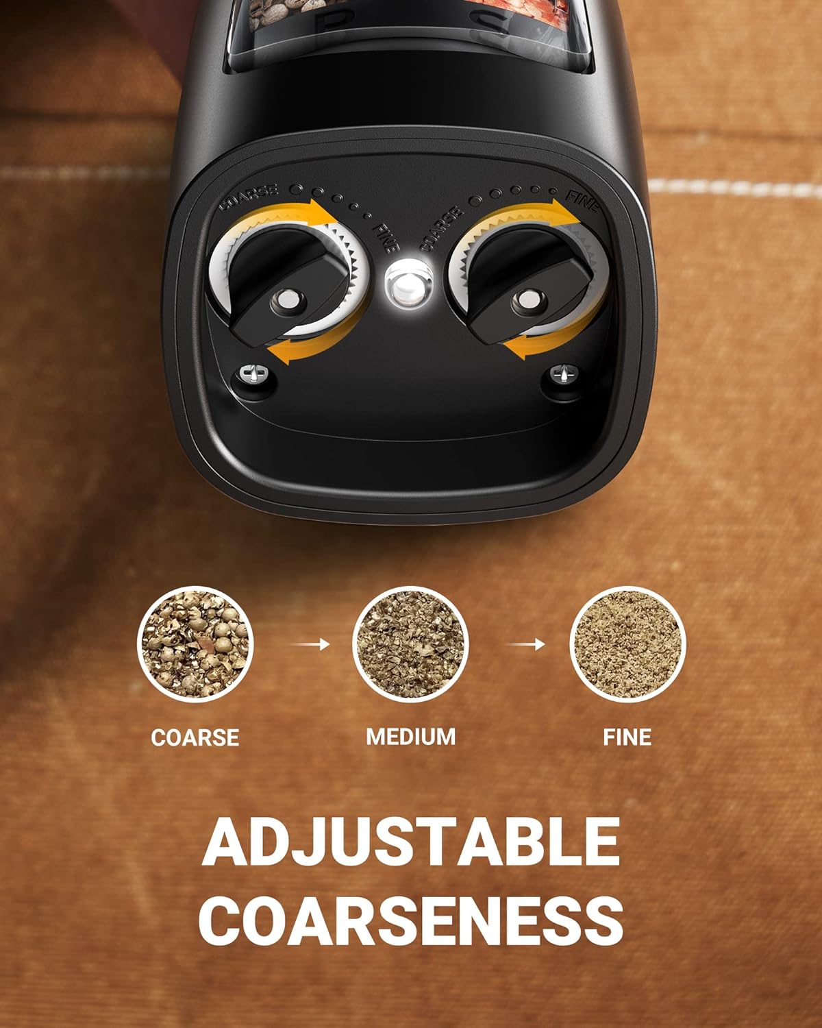 Demonstrates the product's ability to grind at different levels of coarseness, from coarse to fine, highlighting its versatility for various cooking needs.