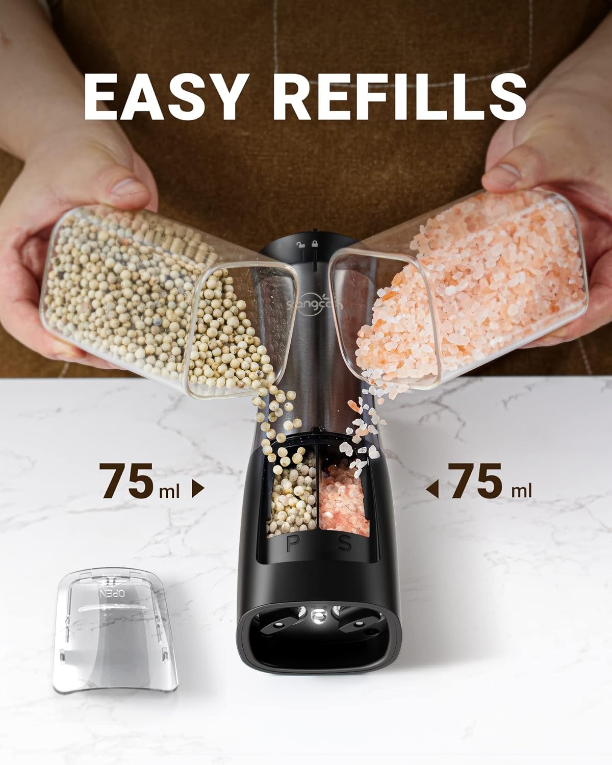 Demonstrates how simple it is to refill the product with different spices or seasonings, emphasizing convenience for the user.