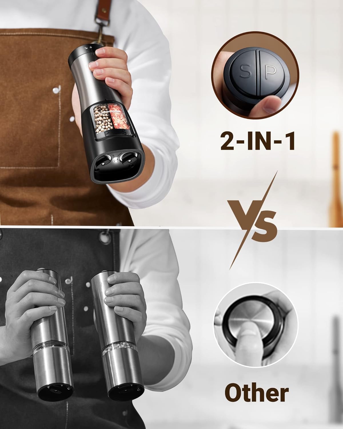 Highlights the product's unique 2-in-1 design with dual compartments compared to traditional single-compartment grinders, showcasing its superiority and convenience.