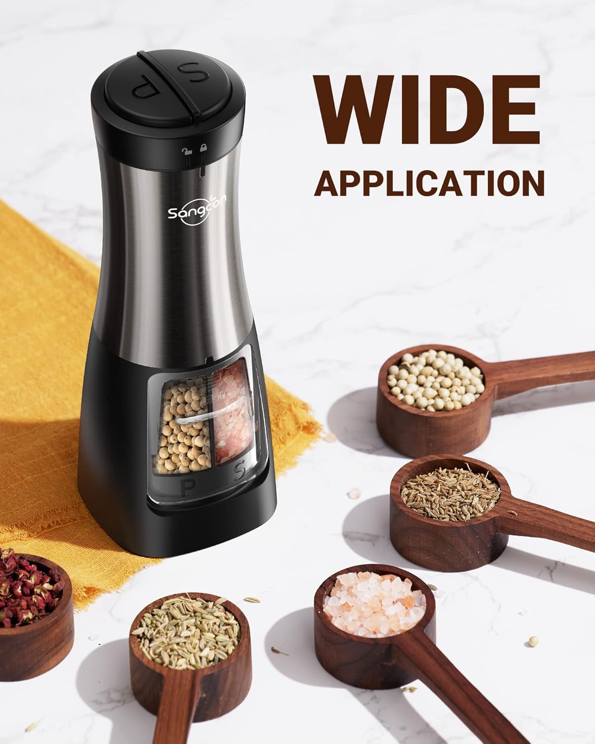 Demonstrates the product's ability to grind various types of spices and seasonings, showcasing its versatility in the kitchen.