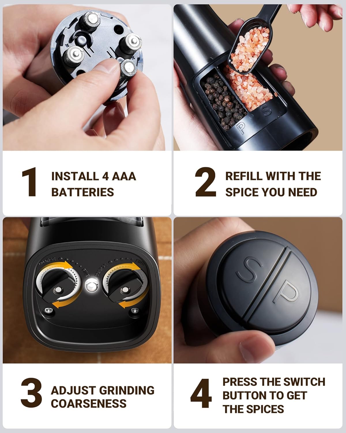 Provides step-by-step instructions on how to set up and use the electric spice grinder, making it easy for customers to understand the product's operation.