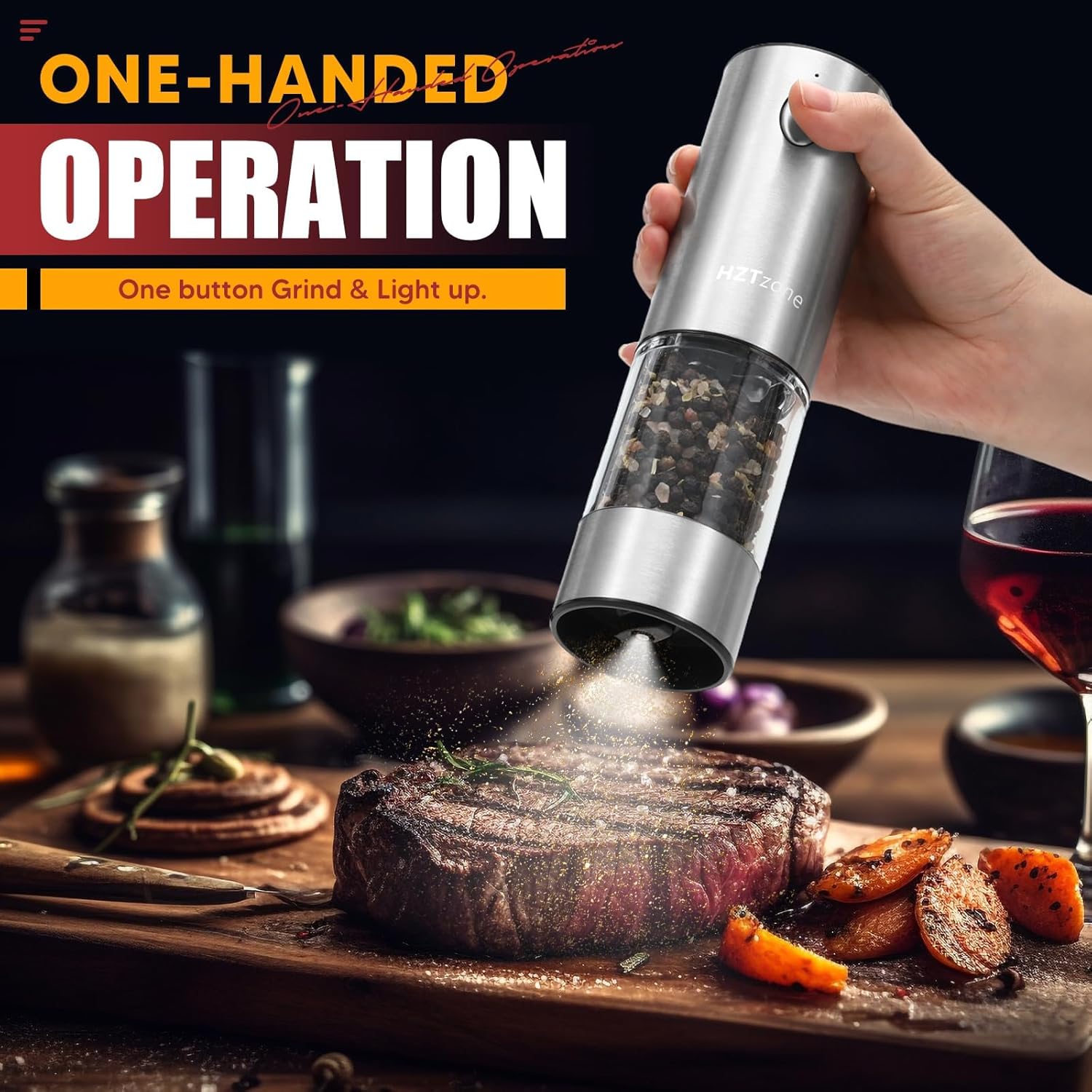 Highlights the product's ease of use with one-handed operation for grinding and lighting up.
