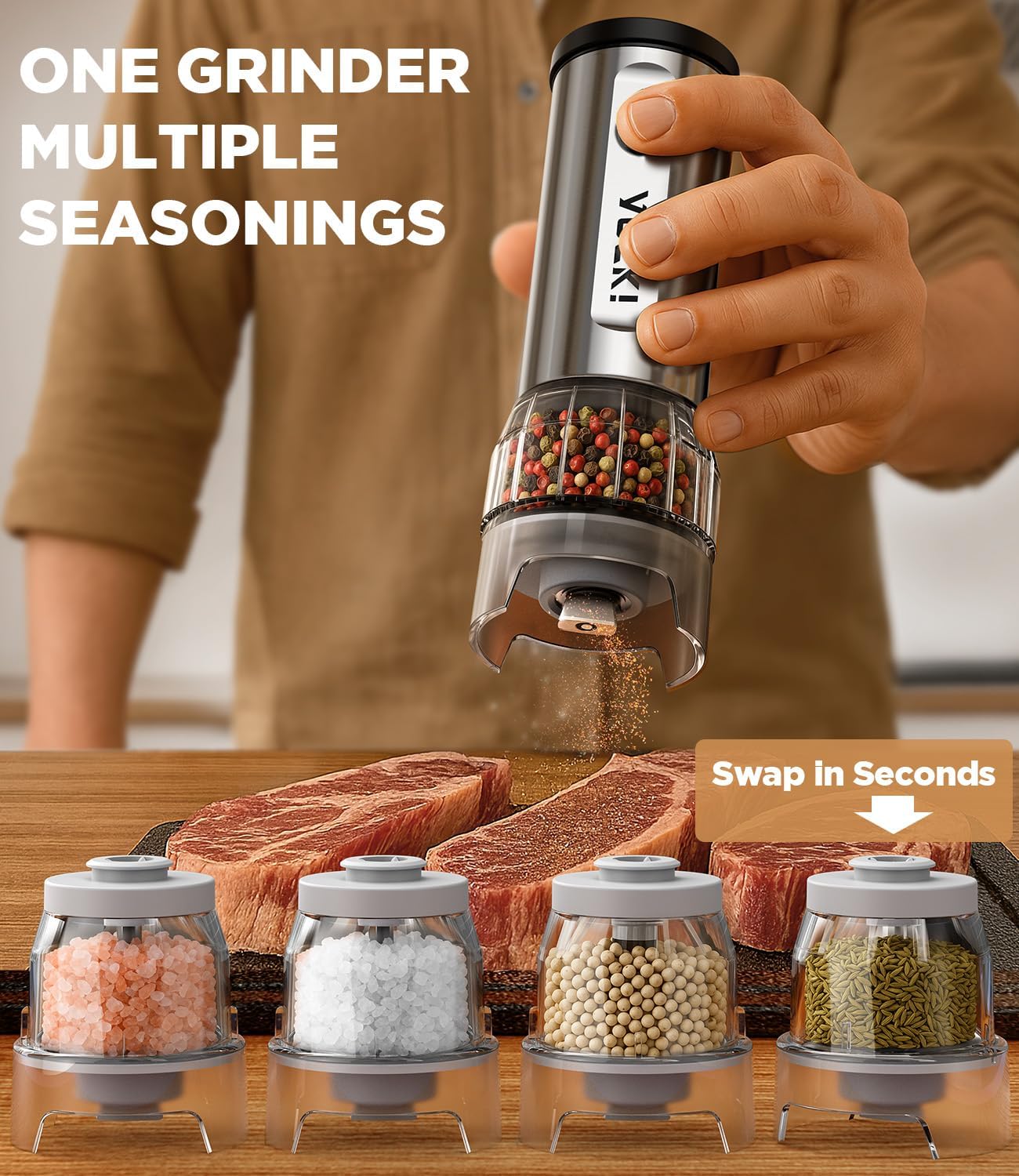 Electric Salt and Pepper Grinder Set: 1 Grinder + 2 100ml Replaceable Jars: Infographics