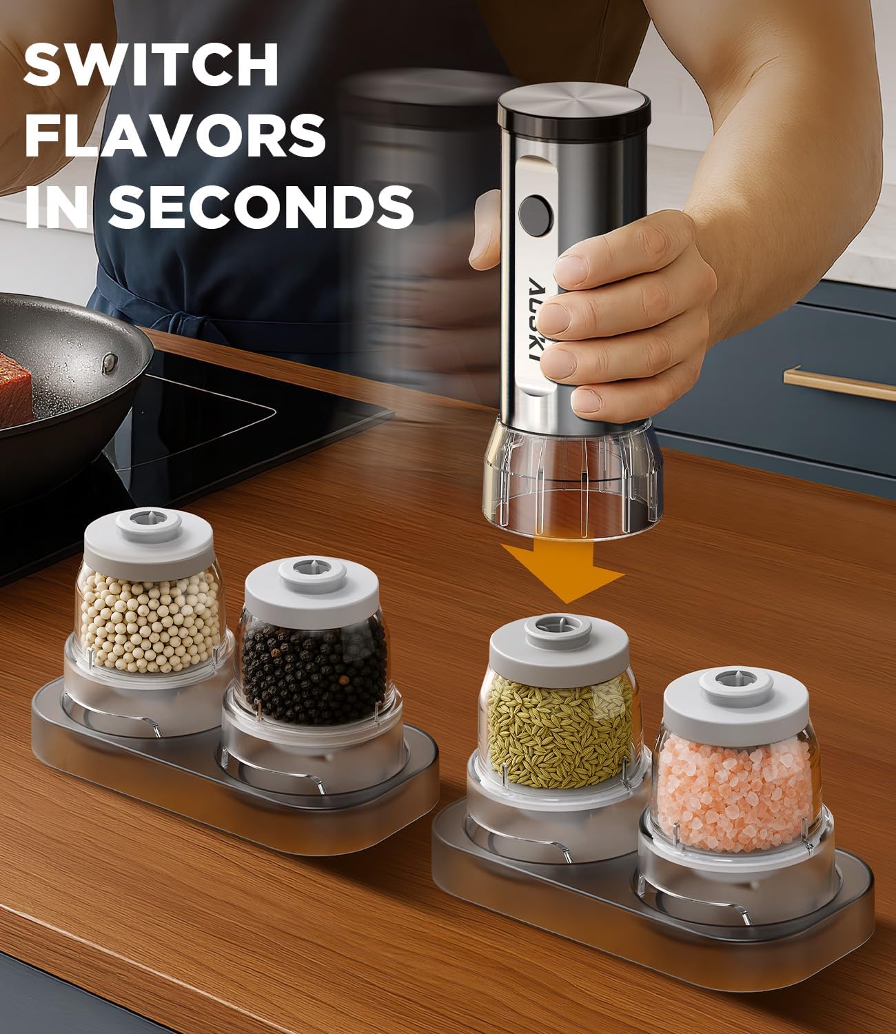Demonstrates the product's ability to quickly switch between different spices or flavors, emphasizing convenience and versatility in cooking.