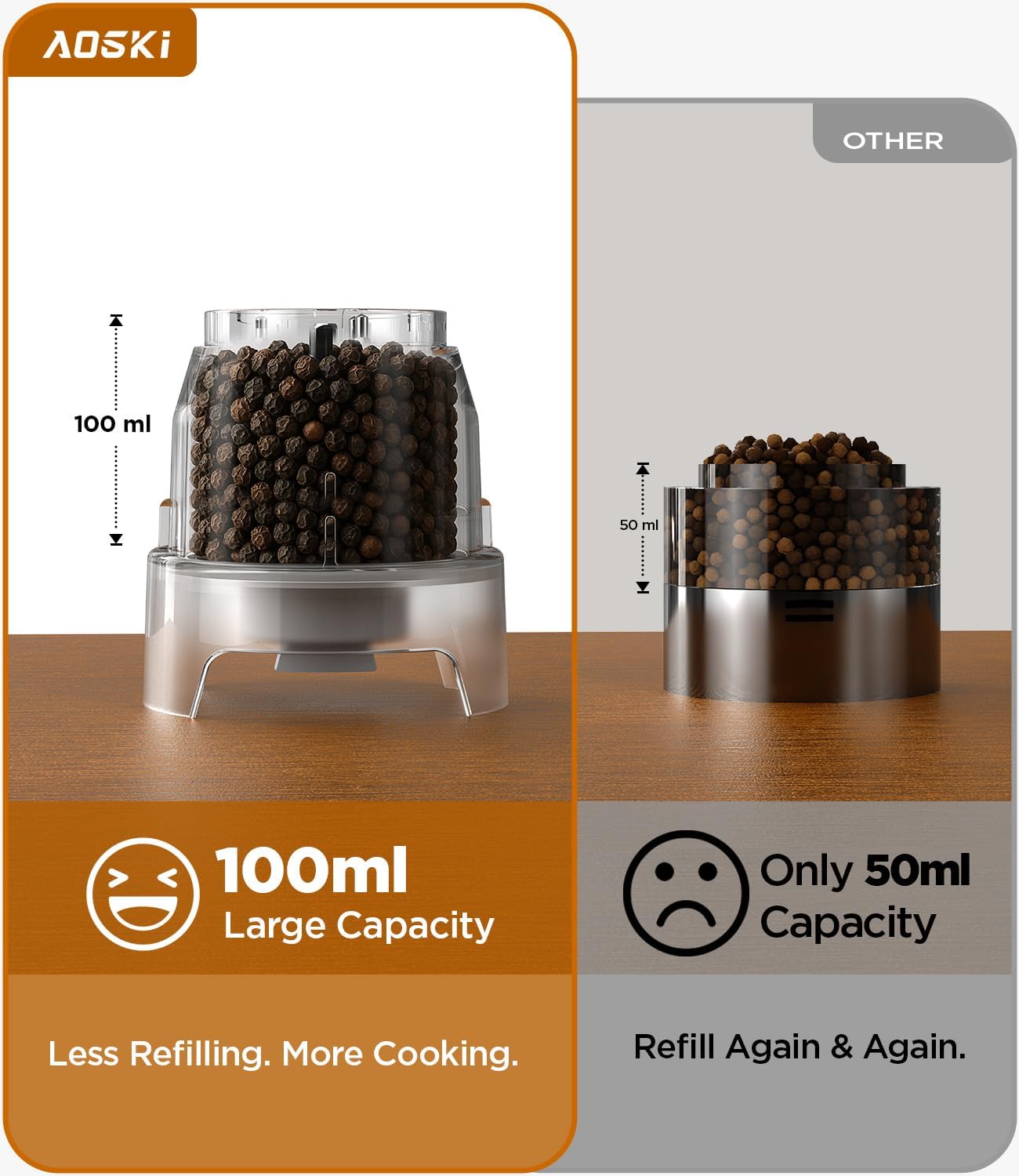 Highlights the product's larger 100ml capacity compared to competitors, emphasizing less frequent refilling and more convenience for cooking.