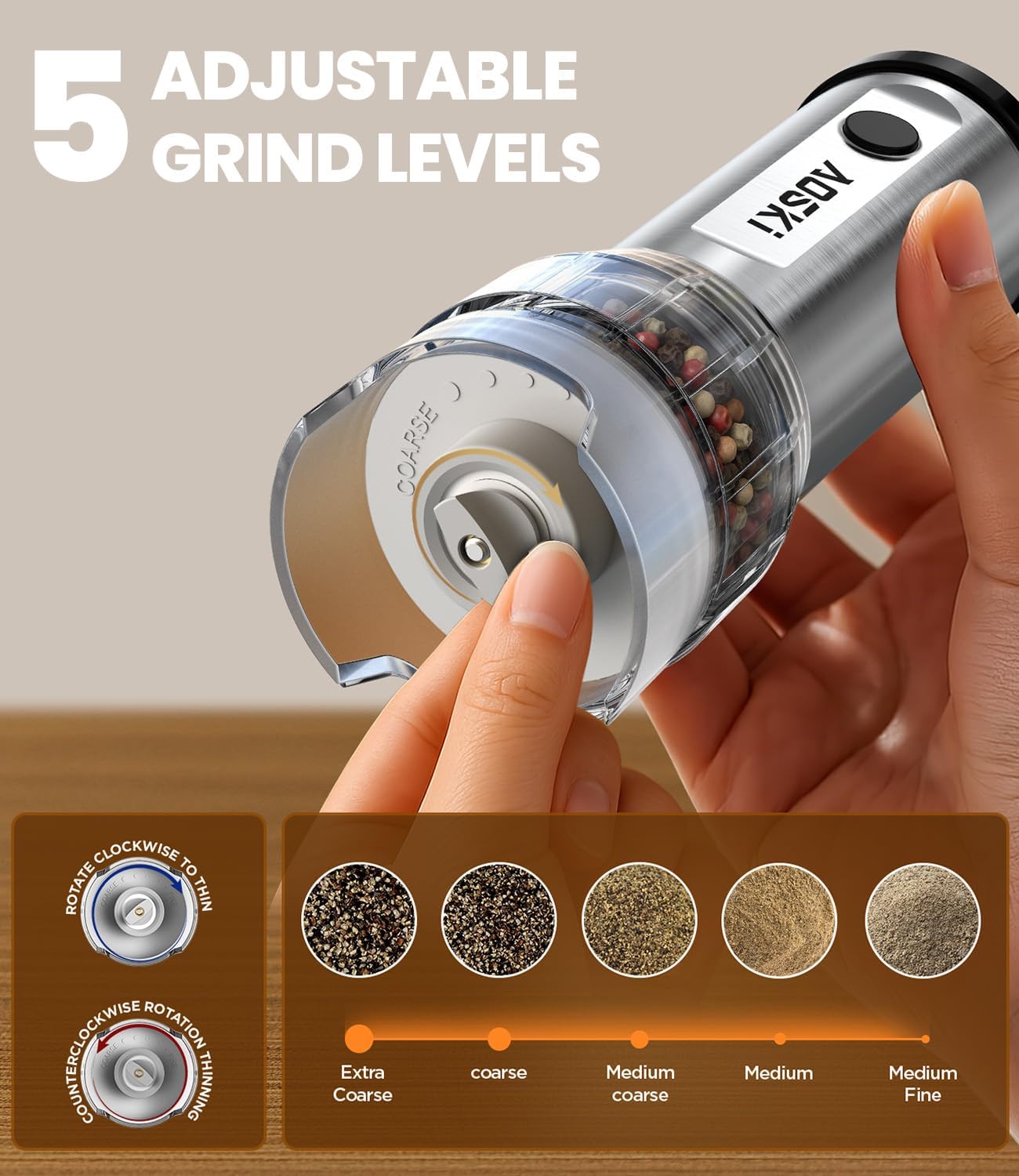 Highlights the product's 5 adjustable grind levels, demonstrating versatility in grinding options for different coffee preferences.