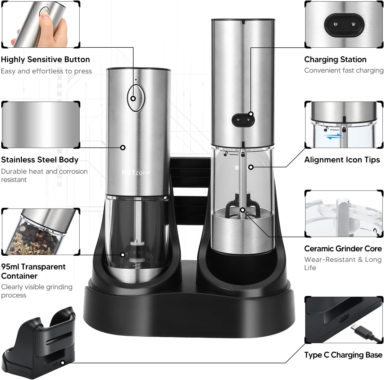 Highlights the key components and features of the electric salt and pepper grinder set to showcase its functionality and design.