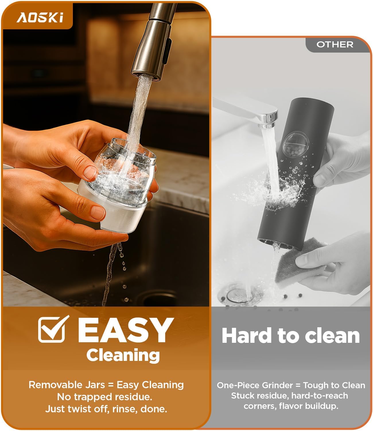 Demonstrates the product's superior ease of cleaning compared to competitors, highlighting its removable jars feature.