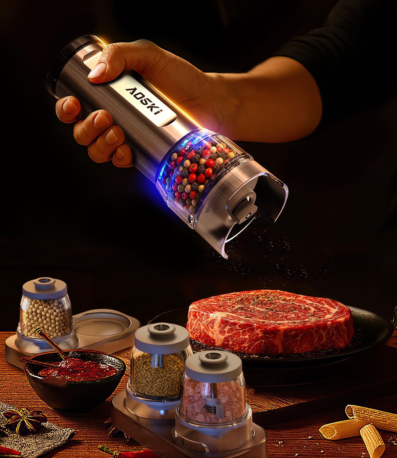 Showcases the product's electric grinding feature, emphasizing ease of use and modern design for seasoning food. Demonstrates the product in a real-world cooking context, showing its relevance and…