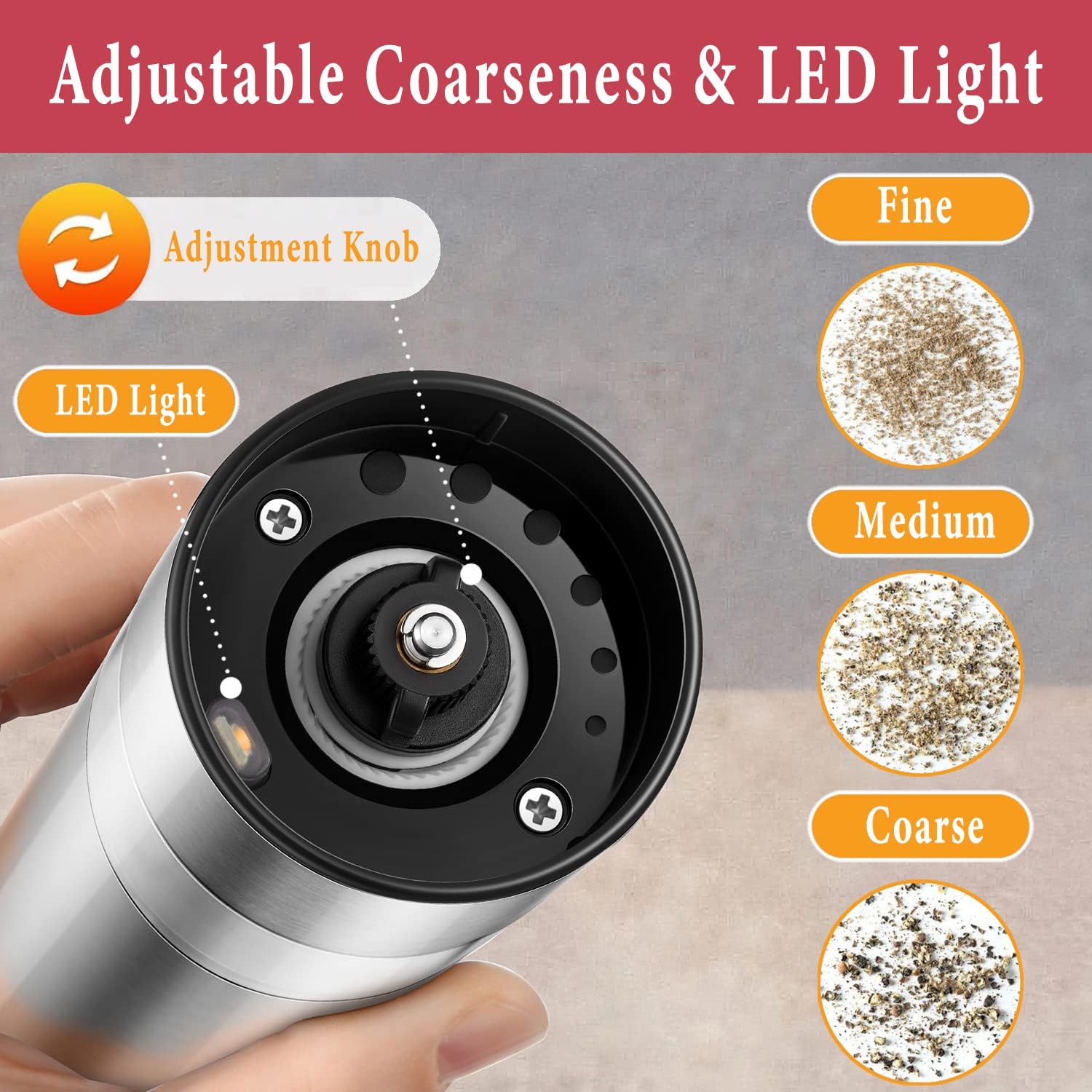 Highlights the product's adjustable grinding settings and built-in LED light feature to show versatility and ease of use.