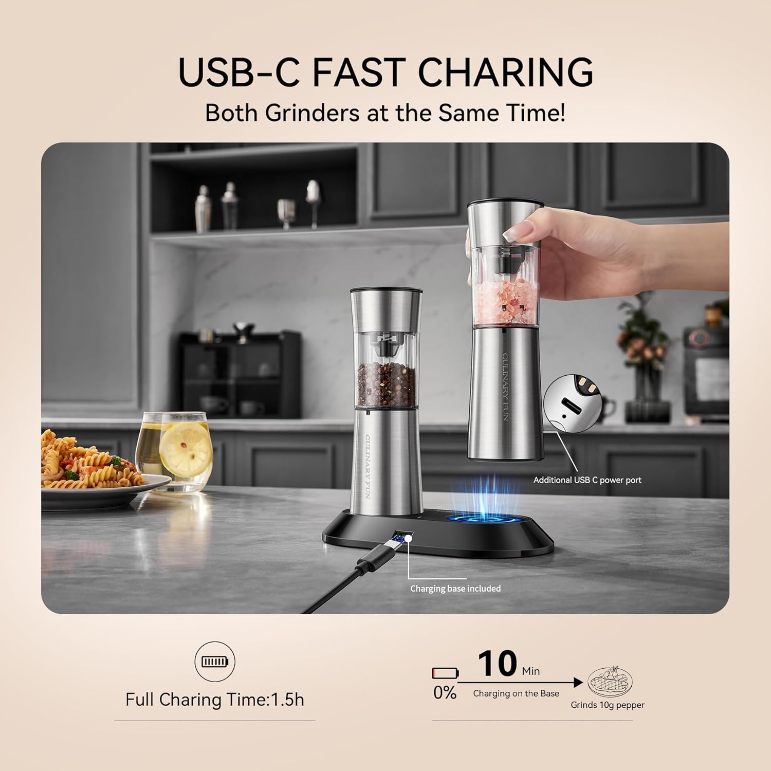 Highlights the product's fast charging capability using USB-C, emphasizing convenience and efficiency for the user.