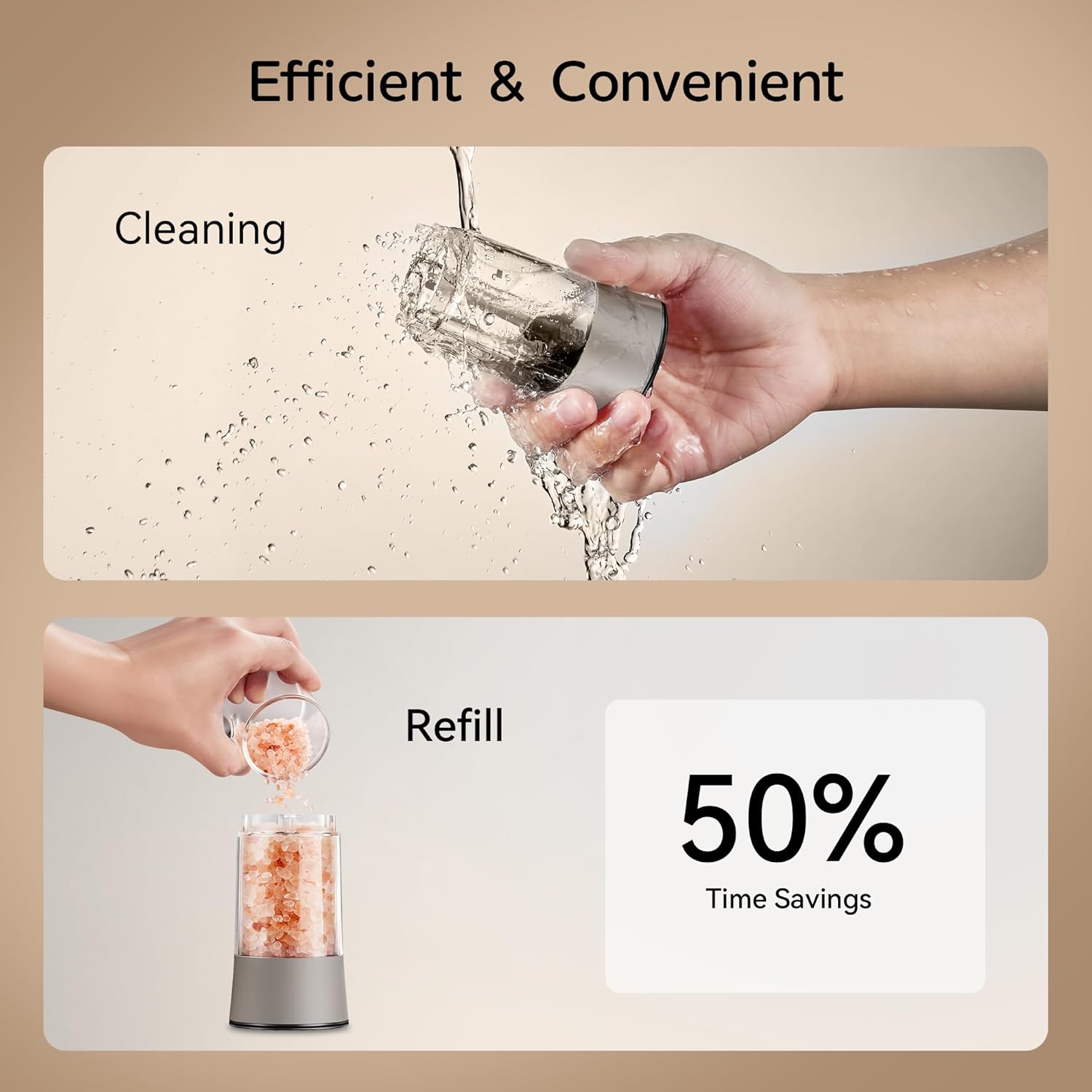 Highlights the product's efficiency and convenience through easy cleaning and quick refilling, saving time for the user.