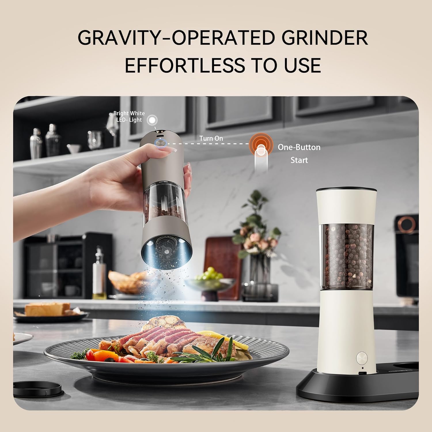 Demonstrates the simple, one-touch operation of the grinder and highlights its LED light feature for ease of use. Emphasizes the product's key benefit of being gravity-operated, making it effortless…
