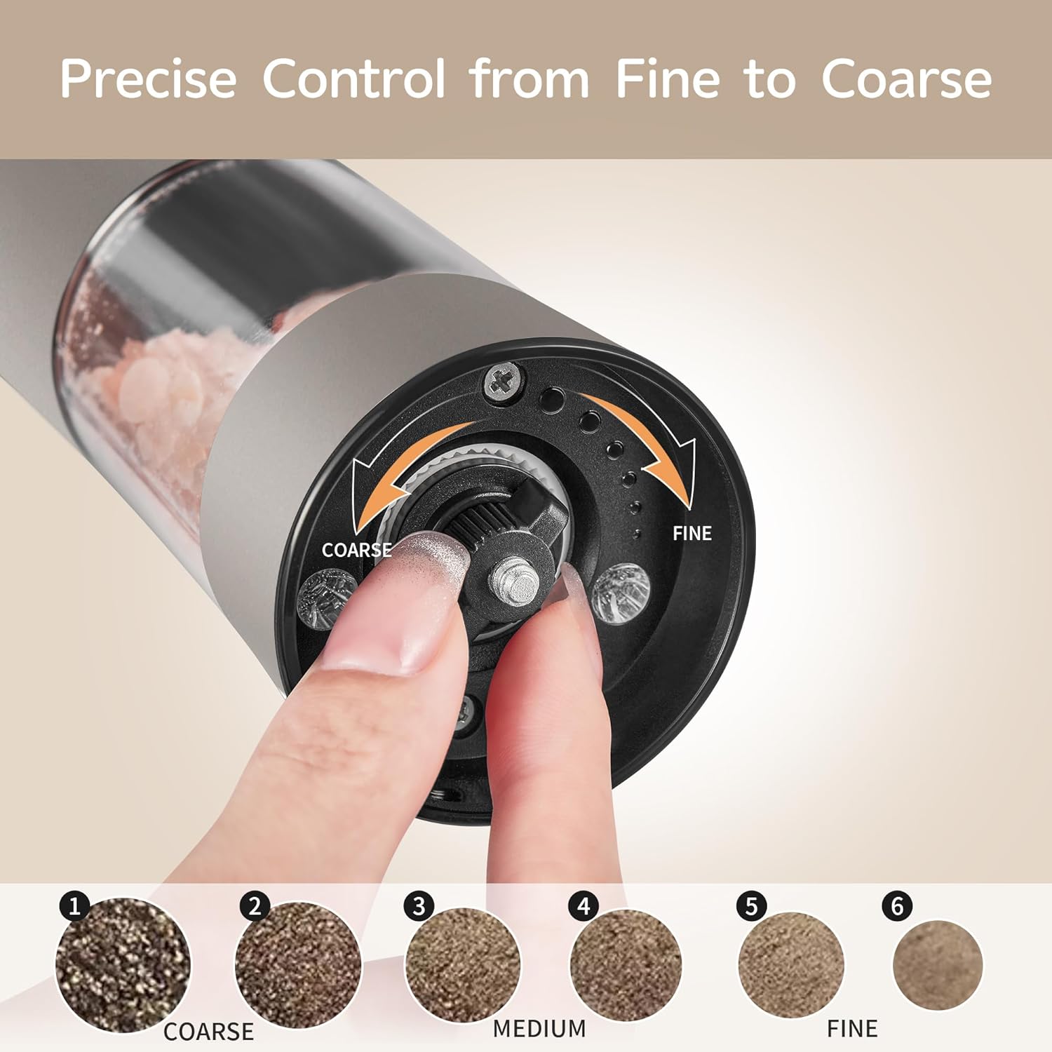 Demonstrates the product's ability to precisely control grind size from fine to coarse, allowing users to customize their grind for different brewing methods.