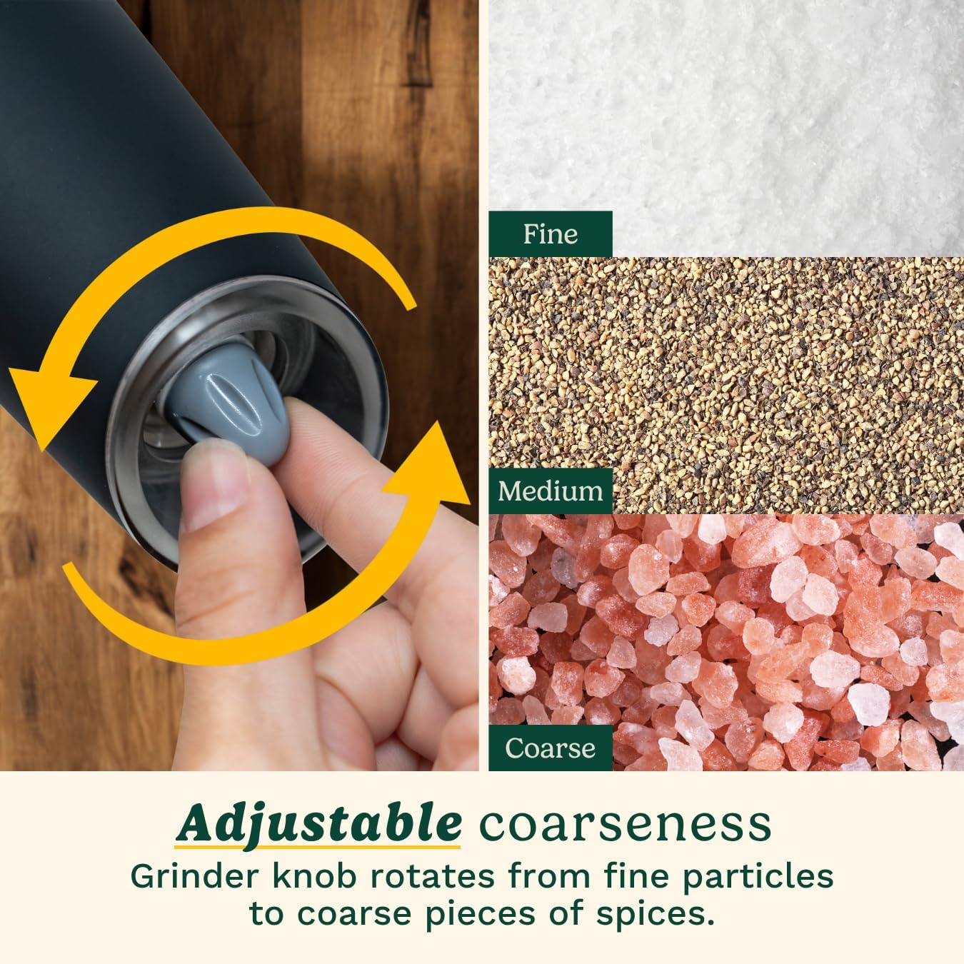Demonstrates the product's ability to grind spices to different levels of coarseness, from fine to coarse, by adjusting the grinder knob.