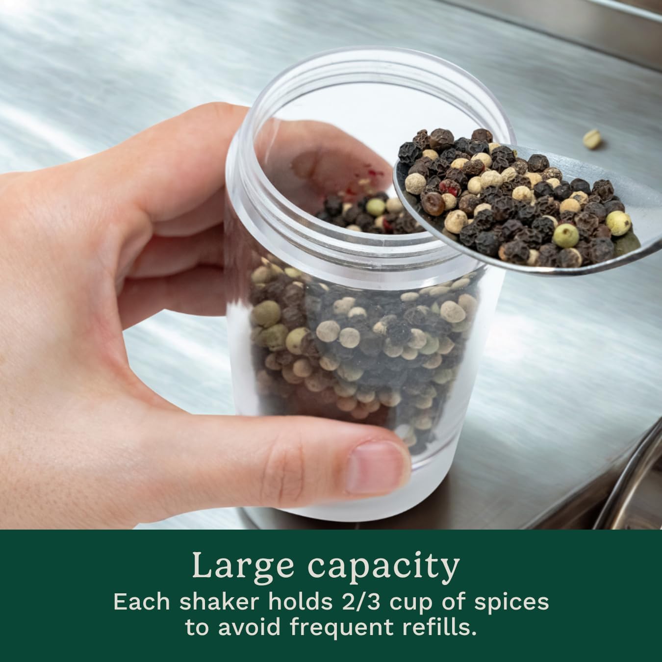 Highlights the spice shaker's large capacity to store more spices, reducing the need for frequent refills.