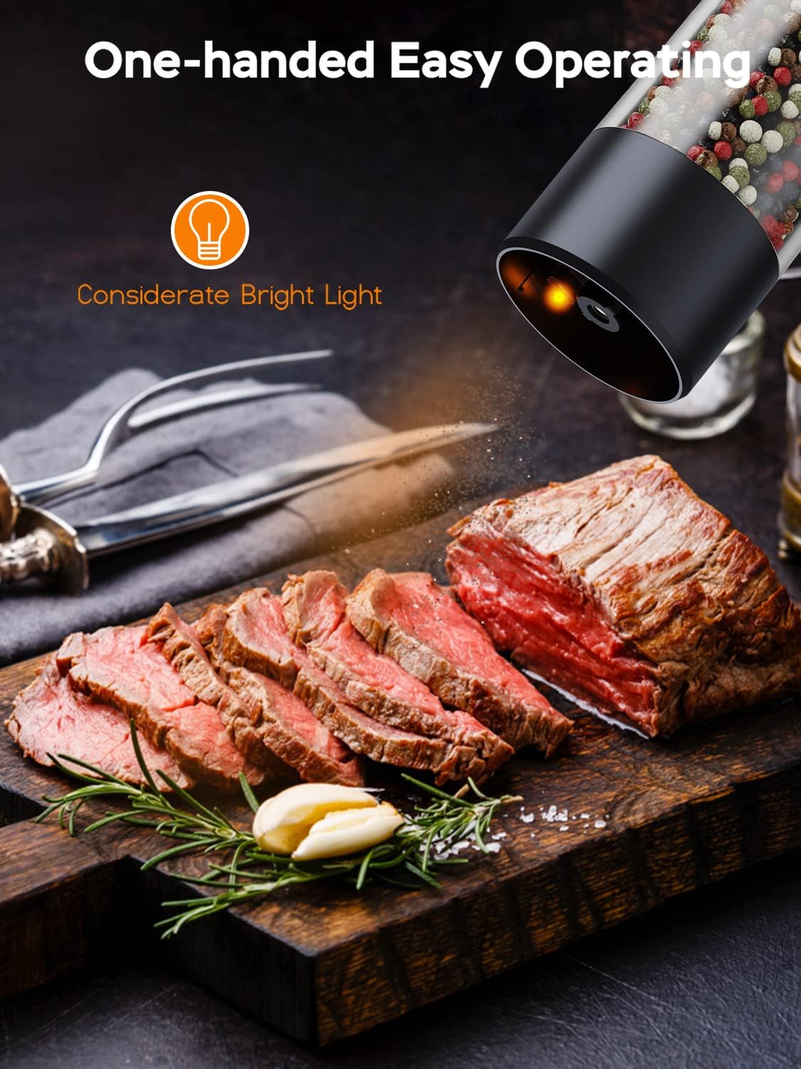 Highlights the product's ease of use, emphasizing that it can be operated with just one hand for convenient seasoning.
