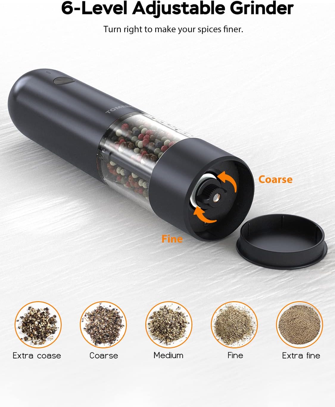 Highlights the product's 6-level adjustable grinding feature, demonstrating its versatility in producing different spice textures.