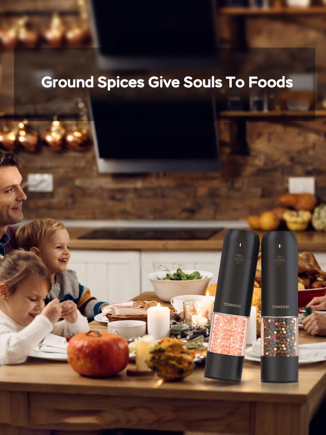 Showcases how the spice grinders enhance meal flavor while being easy to use for the whole family during mealtime.
