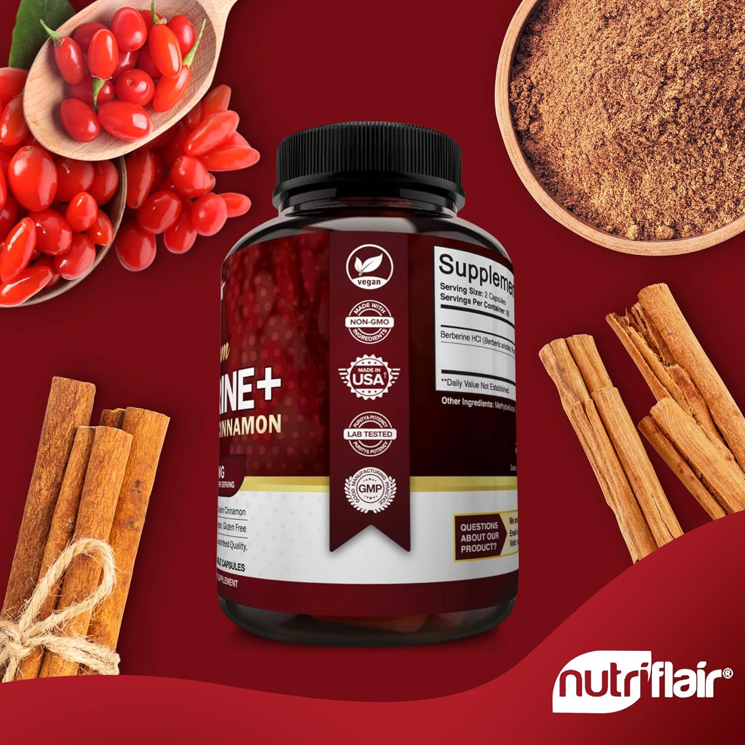 Showcases the natural ingredients included in the supplement, emphasizing its quality and purity. Highlights the product's safety certifications and dietary compatibility to build trust and appeal…