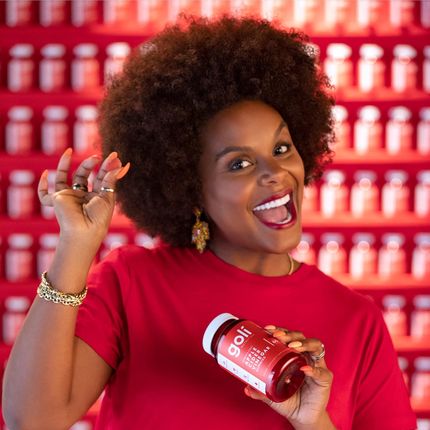 Shows a happy, enthusiastic brand representative holding the product to create a positive association and demonstrate the product's appeal.