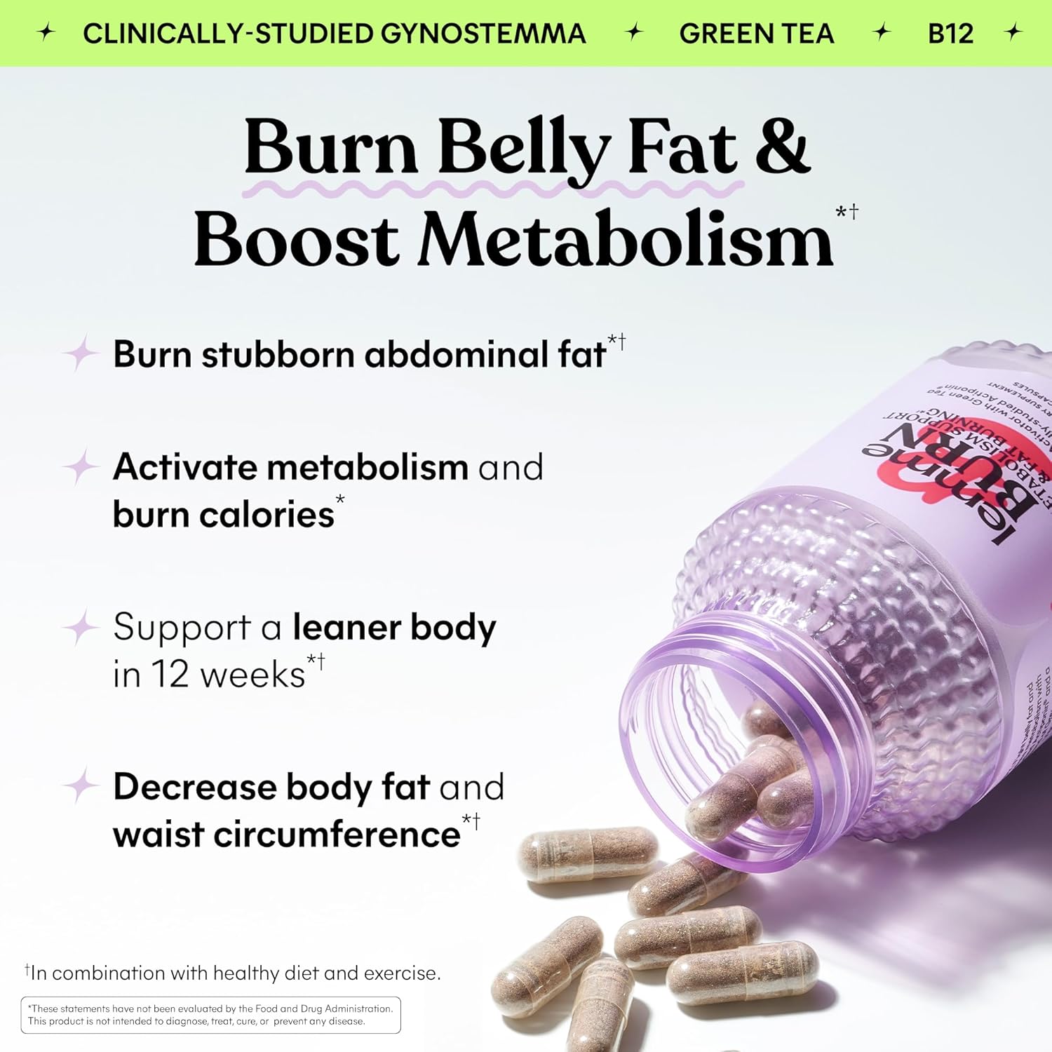 Highlights multiple benefits of the product for weight loss and body composition improvement, emphasizing its ability to burn belly fat, boost metabolism, and reduce body fat.