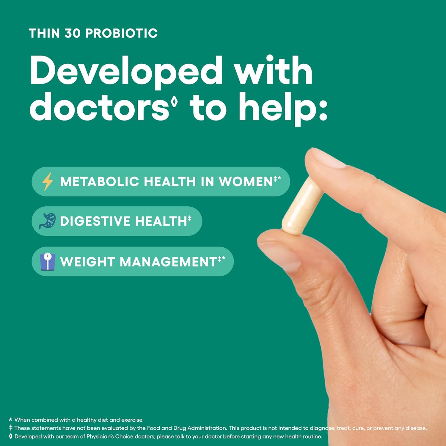 Highlights multiple health benefits of the probiotic supplement, specifically targeting women's health concerns.