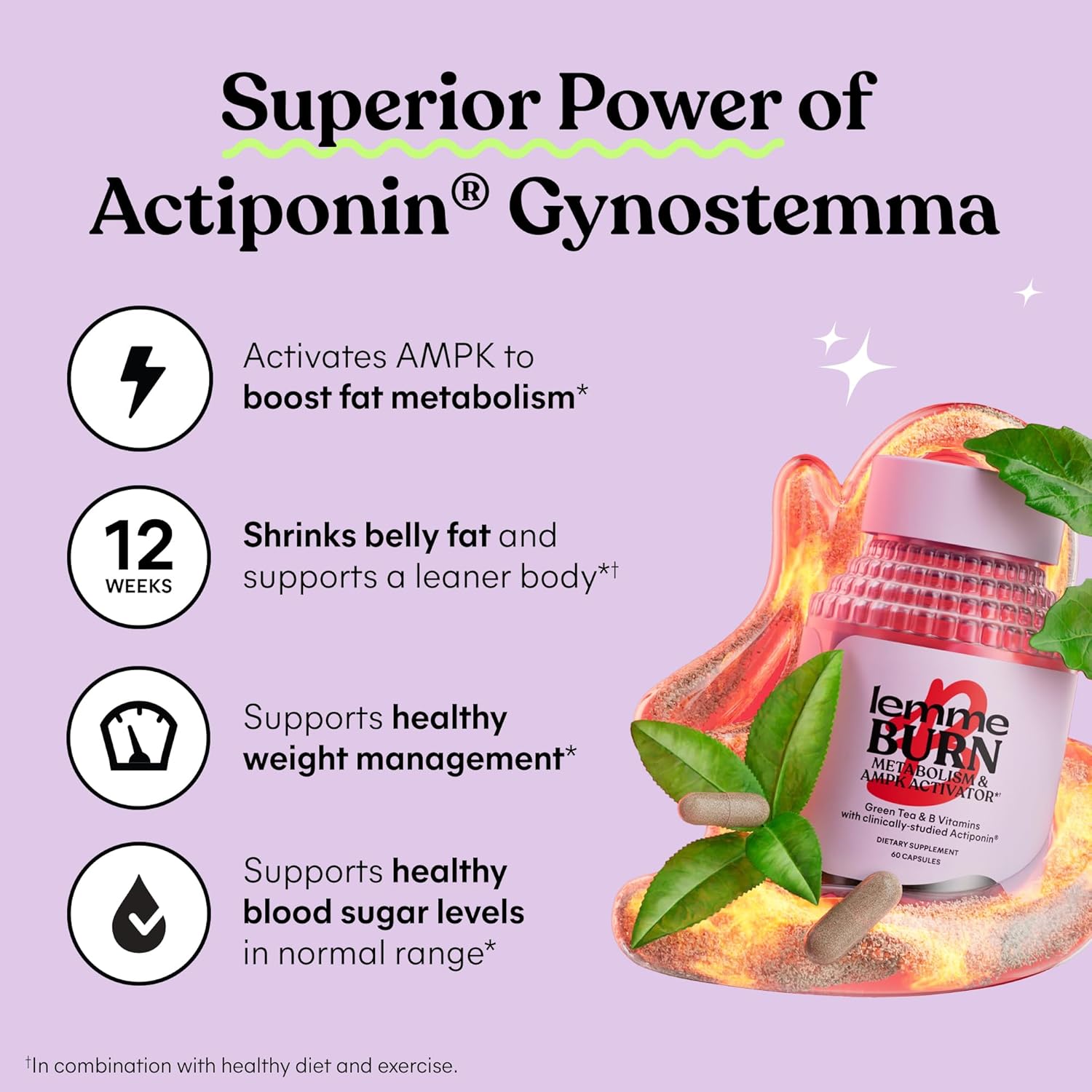 Highlights multiple benefits of the Actiponin Gynostemma supplement, focusing on its effects on metabolism, weight loss, and blood sugar regulation to appeal to health-conscious consumers.