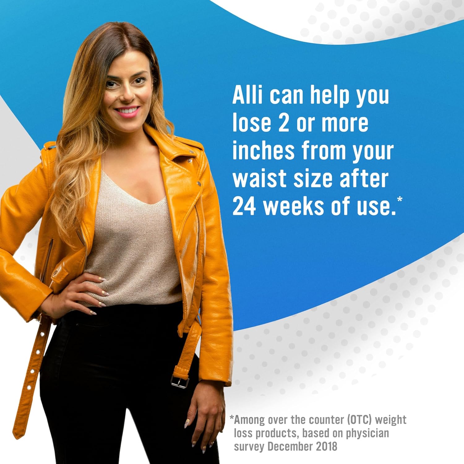 Communicates a specific, measurable benefit of using the Alli product for weight loss, focusing on waist size reduction over a defined time period.