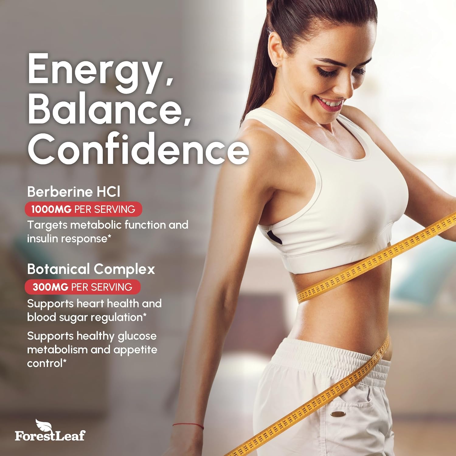Highlights multiple benefits of the supplement, including energy, balance, and confidence, while detailing specific effects on metabolism, heart health, and blood sugar regulation.