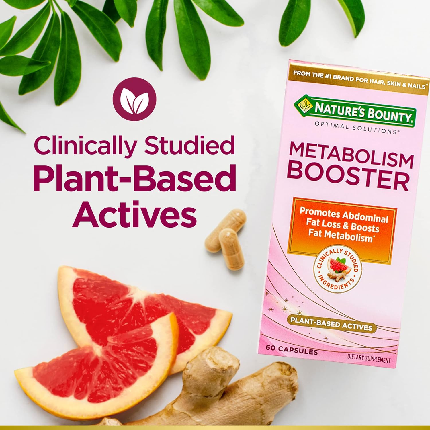 Highlights the product's plant-based ingredients and clinical studies to emphasize its effectiveness as a metabolism booster for fat loss.