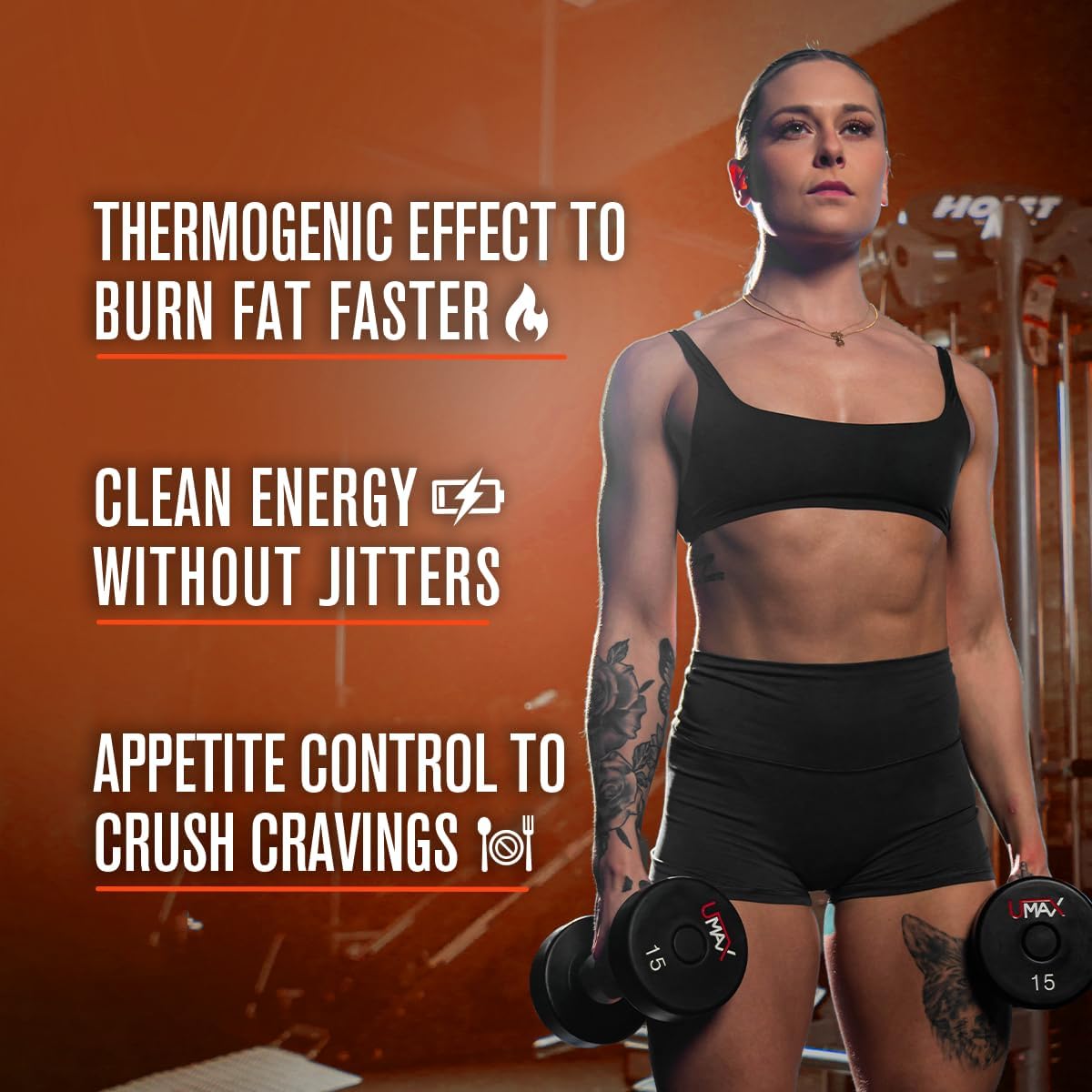 Highlights multiple benefits of the product: thermogenic fat burning, clean energy without side effects, and appetite suppression for weight management.