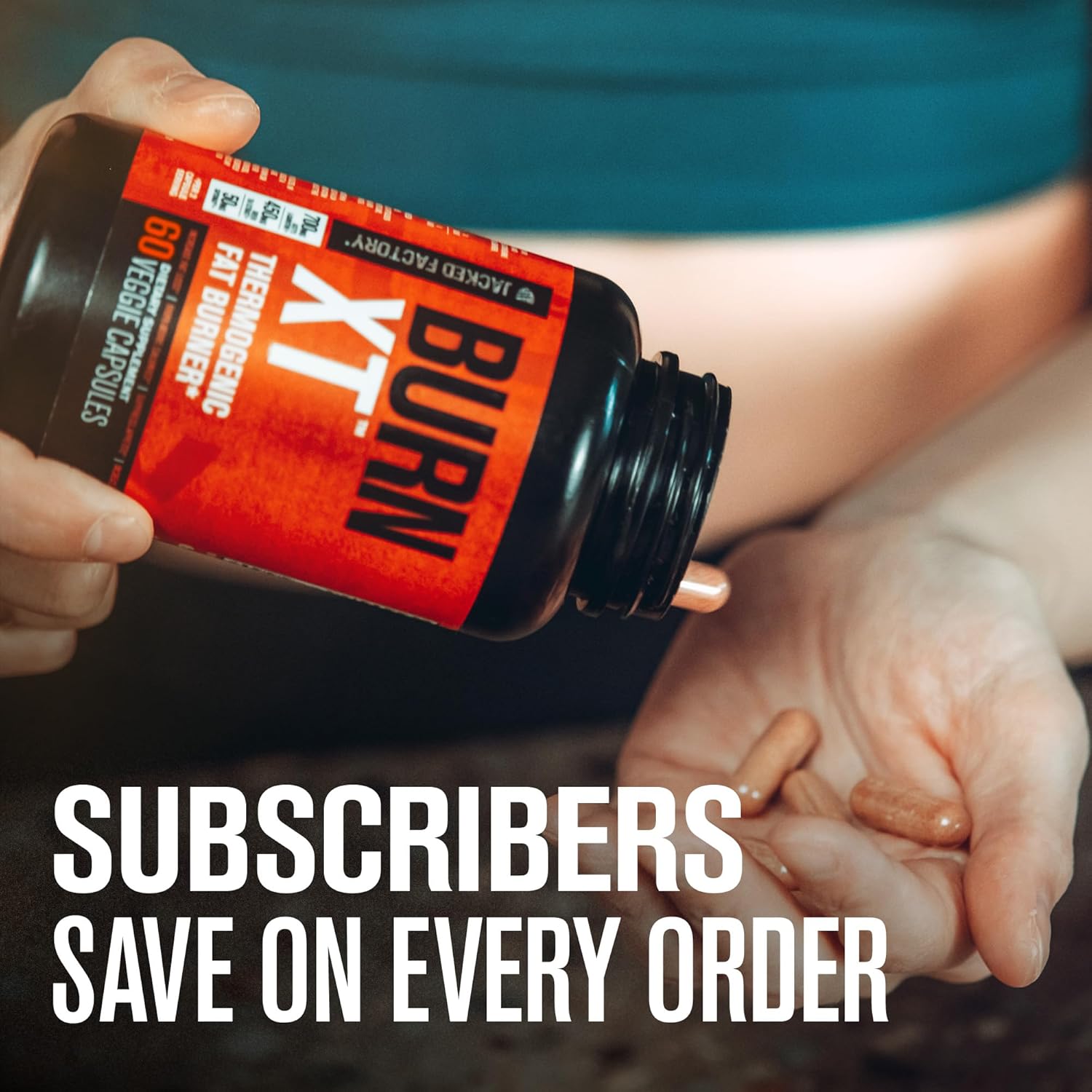 Highlights the subscription savings benefit while demonstrating product usage, encouraging customers to subscribe for ongoing discounts.