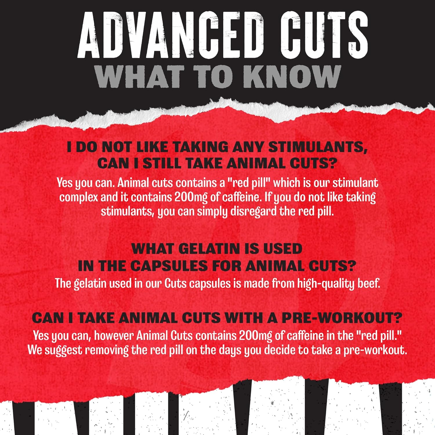 Provides answers to common questions about using the Animal Cuts supplement, helping customers understand how to properly take the product.