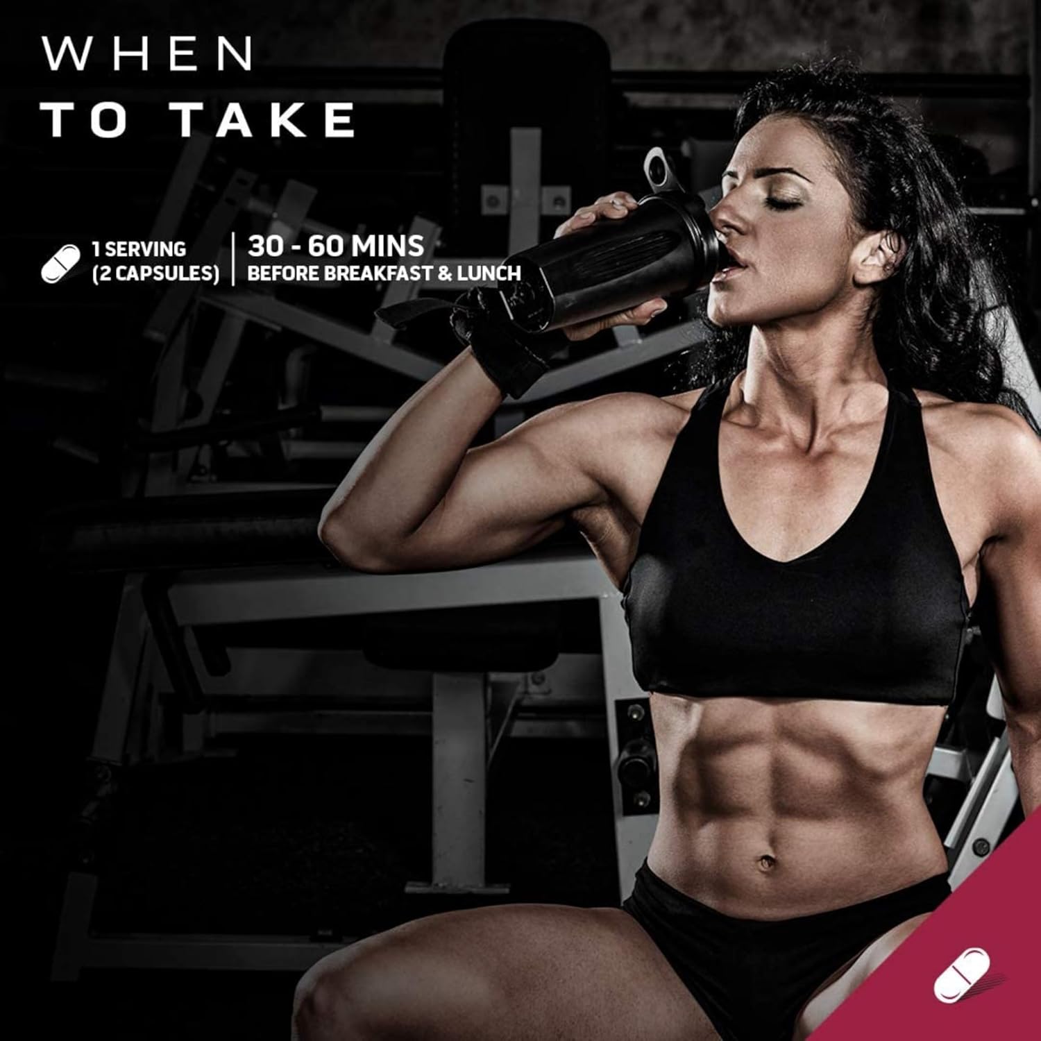 Instructs users on when to take the supplement for optimal results, specifically 30-60 minutes before breakfast and lunch.