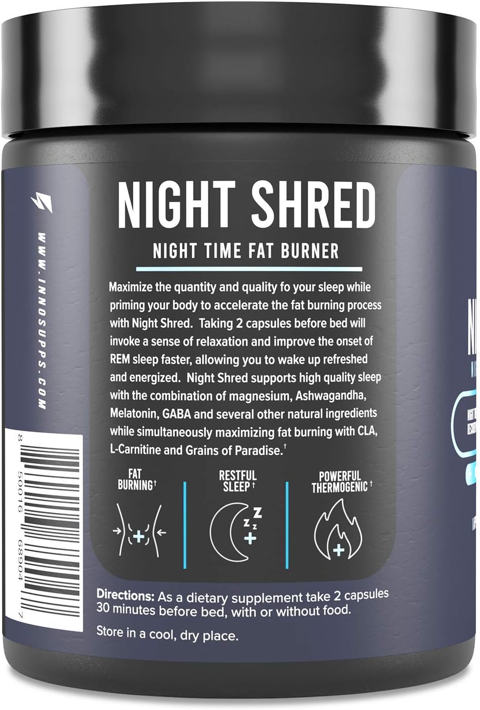 Highlights multiple benefits of the supplement: promoting fat burning, improving sleep quality, and providing thermogenic effects.